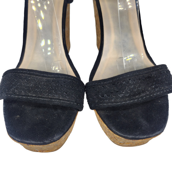 Black Boho Wedge Heels Womens 7.5 Platform Tassel Peep Toe Dressy Evening - Picture 4 of 10